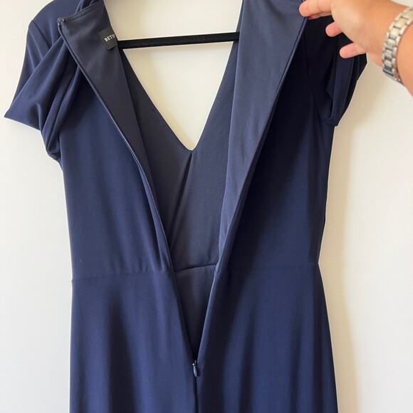Betsy & Adam Navy Blue Stretch Jersey V Neck Long Sleeve Ruffled Gown Womens 4 - Picture 8 of 12